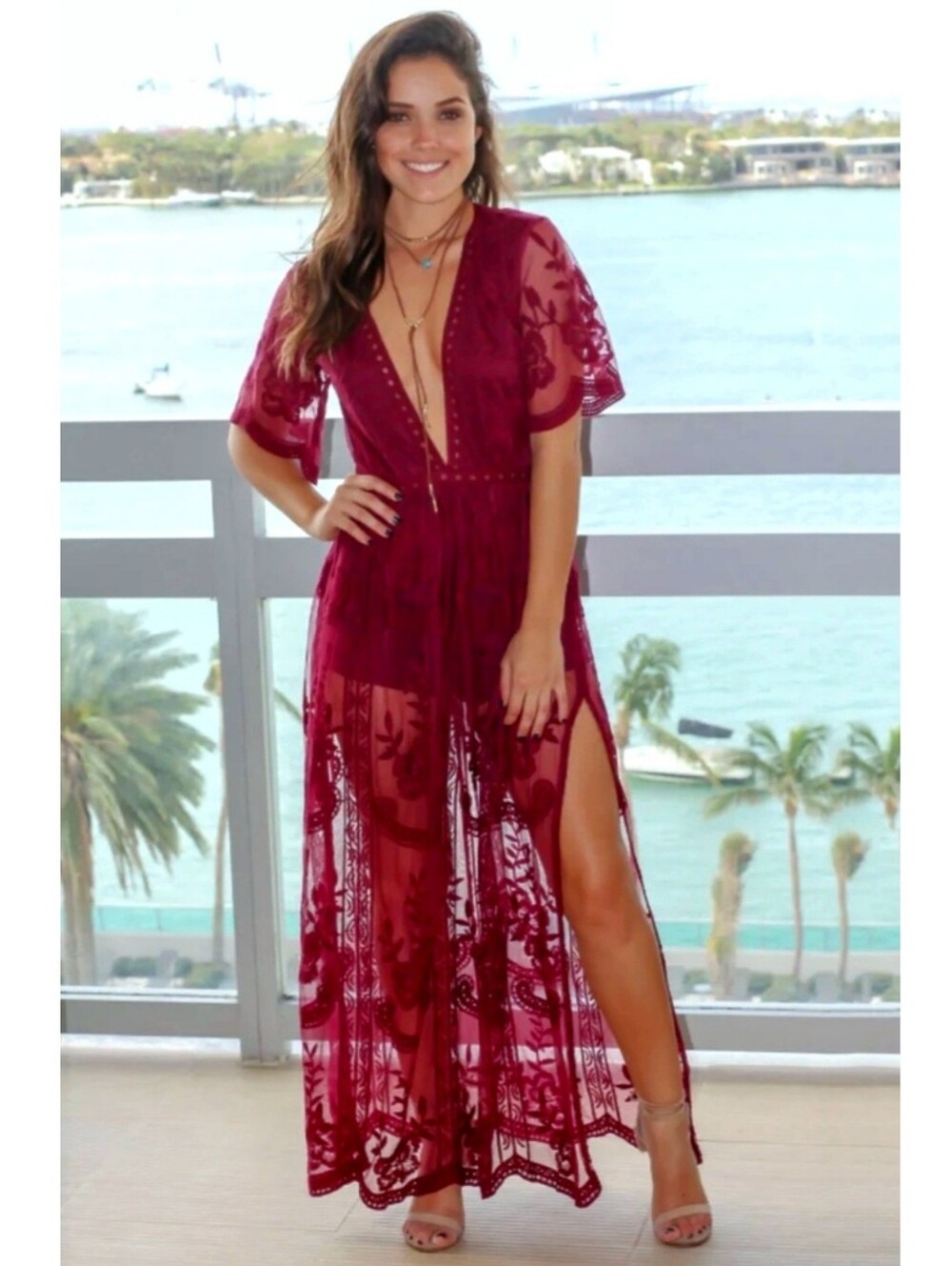 NEW Aqua Burgundy Lace Maxi Dress Romper